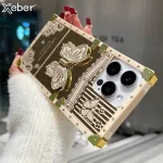 Luxury Diamond Butterfly Bracket Stand Phone Case For iPhone 15 Pro Max 14 13 12 11 Mirror Square Shockproof Protection Cover