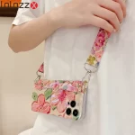 Glitter Flower Wrist Strap Lanyard Cord Holder Phone Case For iPhone 13 14 12 11 15 Pro Max X XR XS Max 7 8 Plus SE Rope Cover