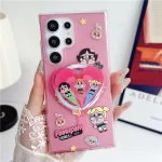 Cute Pink Love Heart Powerpuff Girls Magsafe Wireless Charge Case For Samsung S23 S24 Ultra Plus 3DMagnetic Stand Bracelet