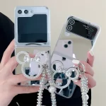 Mirror folding Bear Stand Transparent phone case for Samsung Galaxy Z Flip4 5 3 5G Flip3 Flip4 Protected Hard flip cover