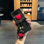 Korean Fashion Cute 3D Red Heart Love Weave Rabbit Pendant Case For Samsung Galaxy Z Flip 6 5 3 4 5G ZFlip5 Black Hinge Cover