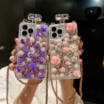 Perfume Flower Pearl Bottle Wrist Phone Case For iPhone 15 12 13 14 11 Pro Max Plus Samsung Galaxy S22 S21 S23 Ultra Note 20