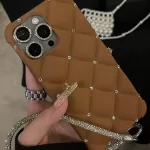 Luxury C Designer Case for iPhone 15 Pro Max 14 Glitter Shiny Rhinestone Chain Strap Phone Holder Cover for iPhone 13 11 12 Capa