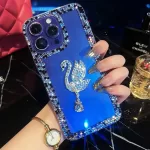3D Bling diamond Swan Glitter Crystal Swan Phone Case For iphone 15 14 13 12 11 Pro Max X XS XR 7 8 Plus Mini Chain Strap Cover