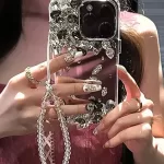 15 Pro Case Luxury Designer Diamond Glitter Mirror Bling Rhinestones Shiny Strap Cover for iPhone 16 Pro Max 13 14 Plus 11 12