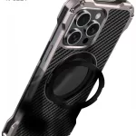 R-just Metal Carbon Fiber Case For Iphone 15 14 13 Pro Max Cover Lightweight Aluminum Alloy Funda Coque Built-in Holder Ring