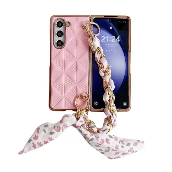 Luxury Leather Wrist Strap Phone Case for Samsung Galaxy Z Fold 6 5 4 3 with Protective Shockproof Adjustable Lanyard Cover