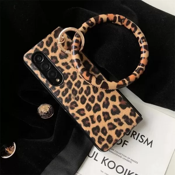 For Samsung Galaxy Z Fold 6 5 4 3 2 5G Fold5 Portable Bangle Big Hand Ring Cover Leopard PU Leather Hard Case Cover