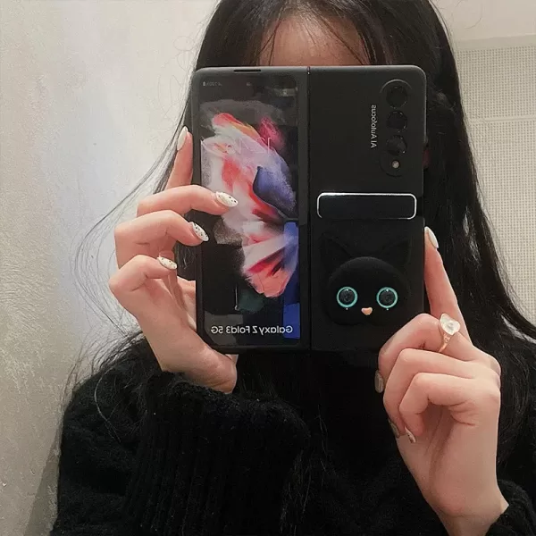 Fashion Cute Cartoon Cat Metal Folding Stand Holder Black Matte Skin Phone Case Cover For Samsung Galaxy Z Fold 6 5 4 3 2 5G - Image 2