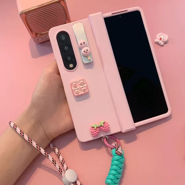 Cute Strawberry Gril Pink Phone case For Samsung Galaxy Z Fold 3 Metal Folding Holder case Z Fold 4 Skin Feel Hinge Cover