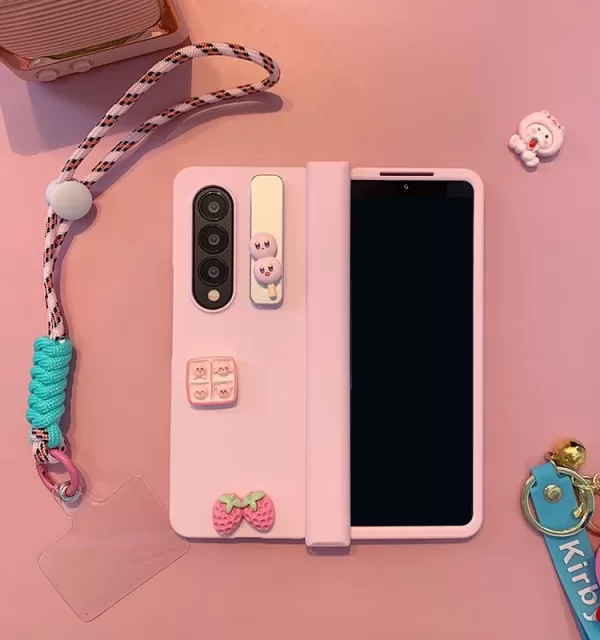 Cute Strawberry Gril Pink Phone case For Samsung Galaxy Z Fold 3 Metal Folding Holder case Z Fold 4 Skin Feel Hinge Cover - Image 5