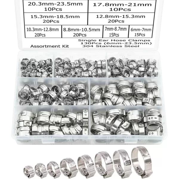 130 Pcs 1/4" - 1-1/8" Single Ear Hose Clamps 304 Stainless Steel PEX Cinch Clamps Stepless Cinch Crimp Rings Pinch Clamps