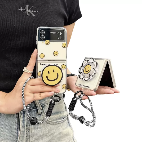 Smile Face Flower Magnetic Transparent Folding Phone Case For Samsung Galaxy Z Flip 6 5 4 3 Full Cover