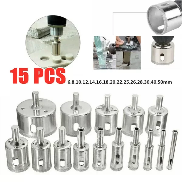 10/15pcs Set Tile drill bit Set Diamond Coated Tile Marble Glass Ceramic Hole Saw Drilling Bits Power Tools Accessories