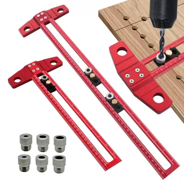 Woodworking 2 in 1 Drilling Positioning Scoring Ruler Aluminum Scriber Marking T Square Dowelling Jig with 6/8/10mm Drill Sleeve