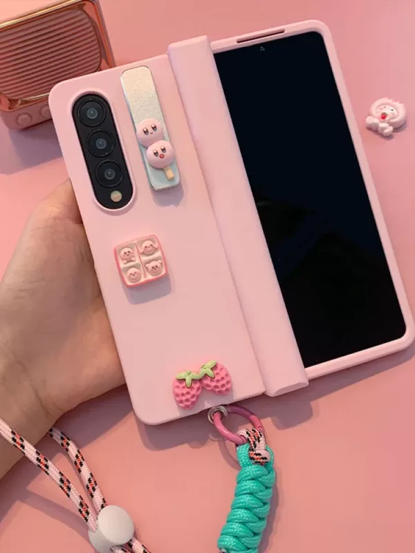 Cute Strawberry Gril Pink Phone case For Samsung Galaxy Z Fold 3 Metal Folding Holder case Z Fold 4 Skin Feel Hinge Cover - Image 2