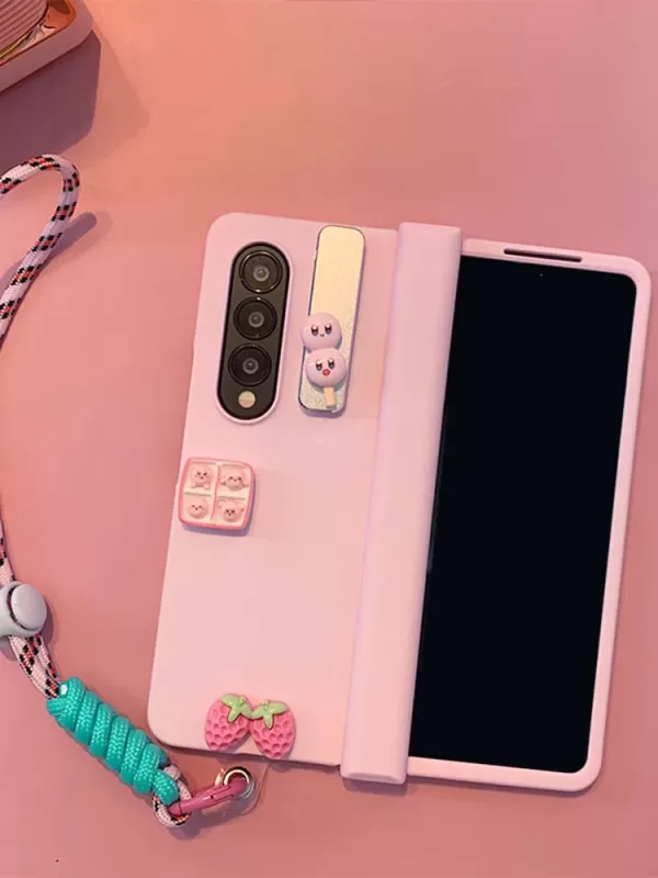 Cute Strawberry Gril Pink Phone case For Samsung Galaxy Z Fold 3 Metal Folding Holder case Z Fold 4 Skin Feel Hinge Cover - Image 6