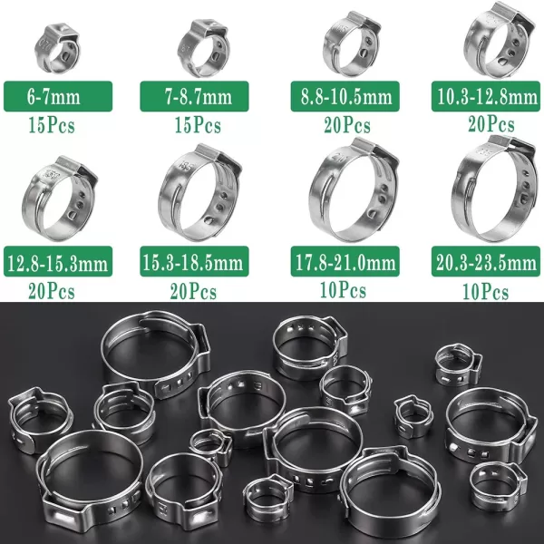 130 Pcs 1/4" - 1-1/8" Single Ear Hose Clamps 304 Stainless Steel PEX Cinch Clamps Stepless Cinch Crimp Rings Pinch Clamps - Image 2