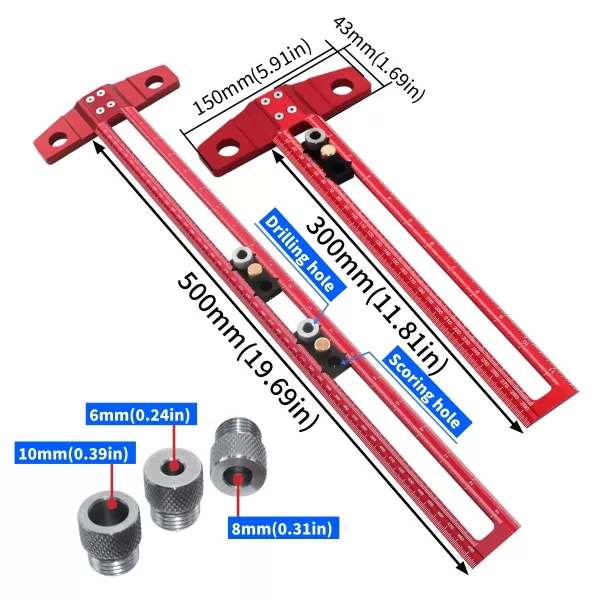 Woodworking 2 in 1 Drilling Positioning Scoring Ruler Aluminum Scriber Marking T Square Dowelling Jig with 6/8/10mm Drill Sleeve - Image 3