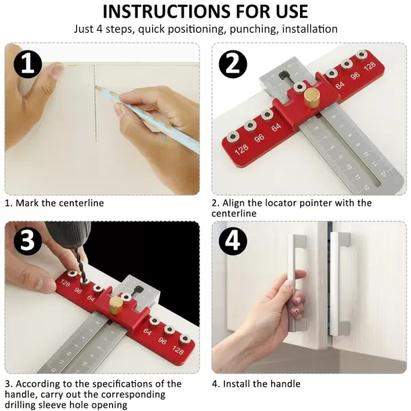 Cabinet Hardware Jig, Hole Spacing Cabinet Handle Template Tool Doweling Jig, Aluminum Alloy Punch Locator Drill Guide for Door - Image 5